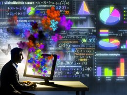 Illustration eines engagierten Datenwissenschaftlers mit schwebenden Daten-Clustern, Visualisierungen und Validierungsmetriken wie Silhouette Score und ARI, sowie Warnhinweisen und scheiternden Präsentationsfolien.