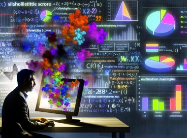Illustration eines engagierten Datenwissenschaftlers mit schwebenden Daten-Clustern, Visualisierungen und Validierungsmetriken wie Silhouette Score und ARI, sowie Warnhinweisen und scheiternden Präsentationsfolien.
