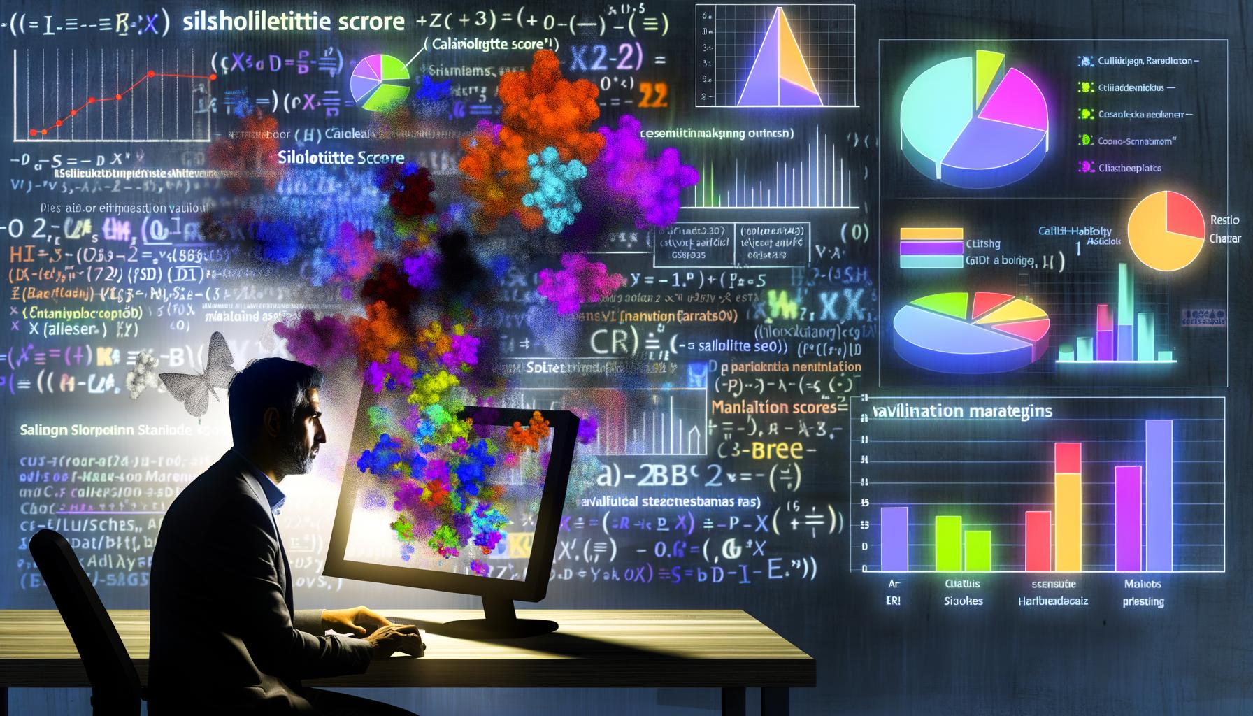 Illustration eines engagierten Datenwissenschaftlers mit schwebenden Daten-Clustern, Visualisierungen und Validierungsmetriken wie Silhouette Score und ARI, sowie Warnhinweisen und scheiternden Präsentationsfolien.