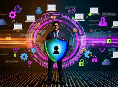 Team bespricht Datentracking-Strategien vor Whiteboard mit bunten Notizen, während Laptops Dashboards und Analytics zeigen, High-Tech-Equipment und große Monitore im modernen Büro.