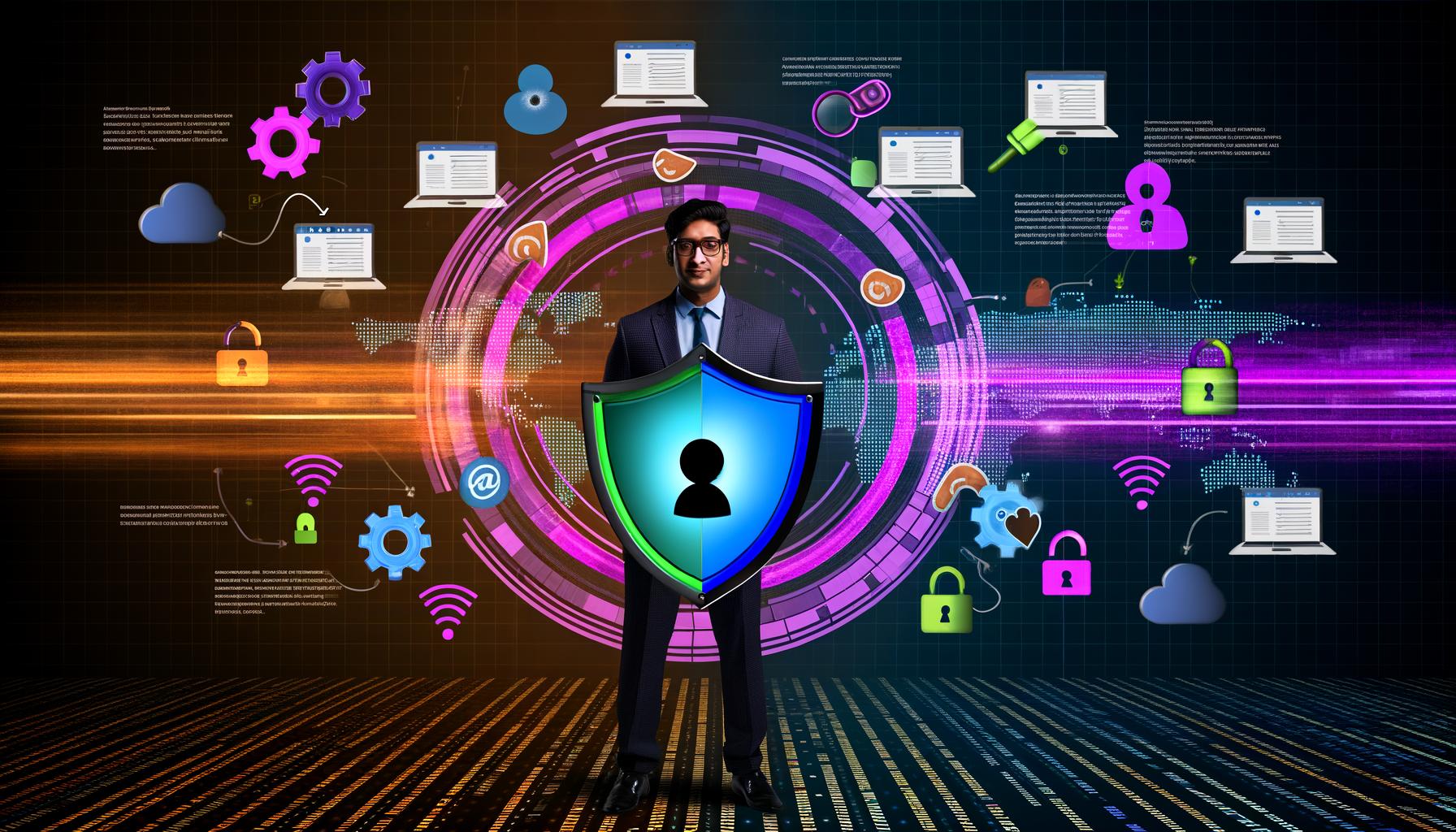 Team bespricht Datentracking-Strategien vor Whiteboard mit bunten Notizen, während Laptops Dashboards und Analytics zeigen, High-Tech-Equipment und große Monitore im modernen Büro.