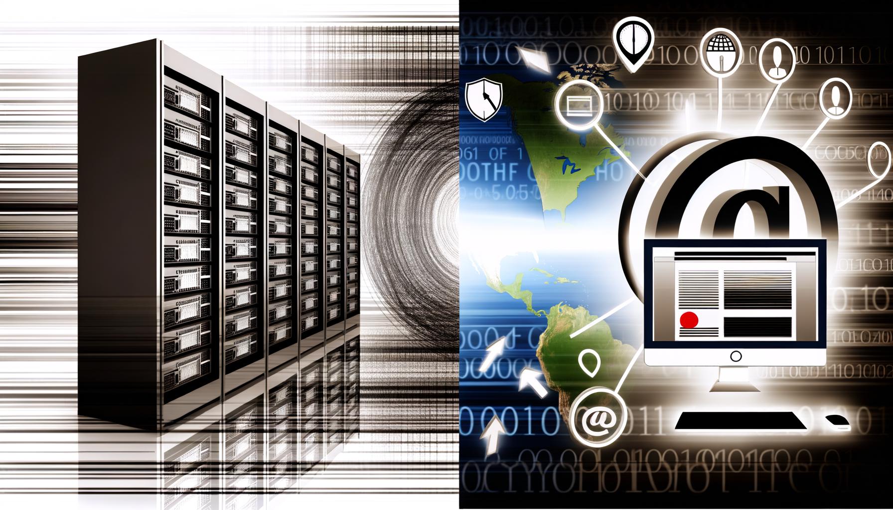 Modernes zweigeteiltes Titelbild mit einer stilisierten Serverumgebung und lokalen Schriftdateien auf der linken, Google Fonts-Logo und Netzwerkanbindungen zum Rechenzentrum auf der rechten Seite. Im Hintergrund eine halbtransparente Website mit Symbolen für Datenschutz, Geschwindigkeit, SEO und Abmahnrisiko.