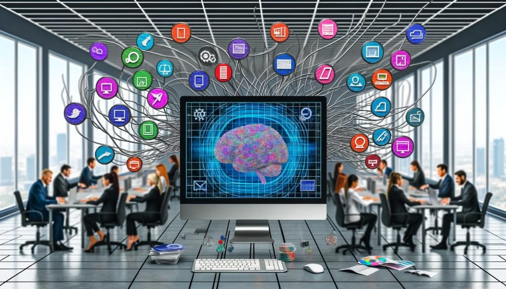 Team arbeitet konzentriert am Computer mit PIM Editor, geordnete Datenströme verbinden Shopsysteme, ERP und Marktplätze; chaotische Excel-Tabellen im Hintergrund.