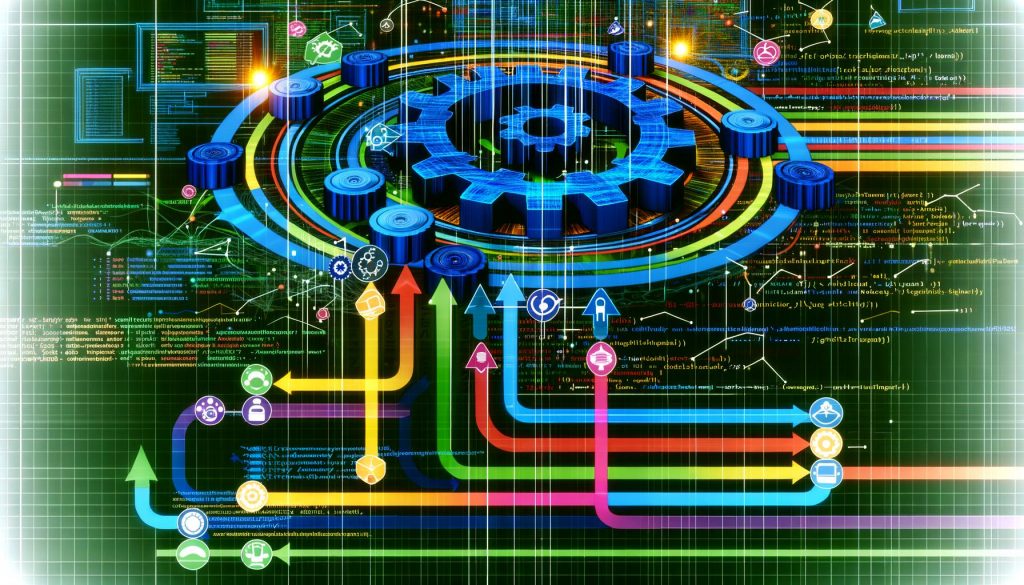 Dynamische Magazin-Grafik zu Webhook Automation mit digitalem Maschinenraum, Datenströmen, Zahnrädern und bunten Workflow-Diagrammen sowie Codes und Server-Symbolen im futuristischen Stil.