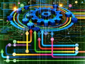 Dynamische Magazin-Grafik zu Webhook Automation mit digitalem Maschinenraum, Datenströmen, Zahnrädern und bunten Workflow-Diagrammen sowie Codes und Server-Symbolen im futuristischen Stil.