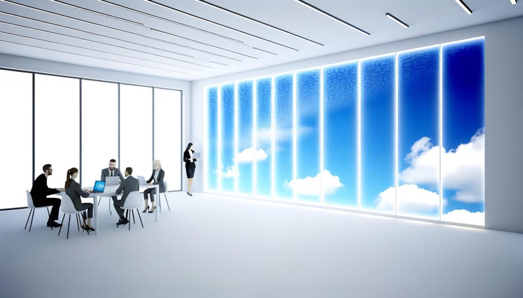 Modernes Büro ohne echte Fenster mit LED-Panels, die realistischen Himmel und Wolken zeigen. Mitarbeitende arbeiten an Laptops in einer lichtdurchfluteten, innovativen Umgebung.