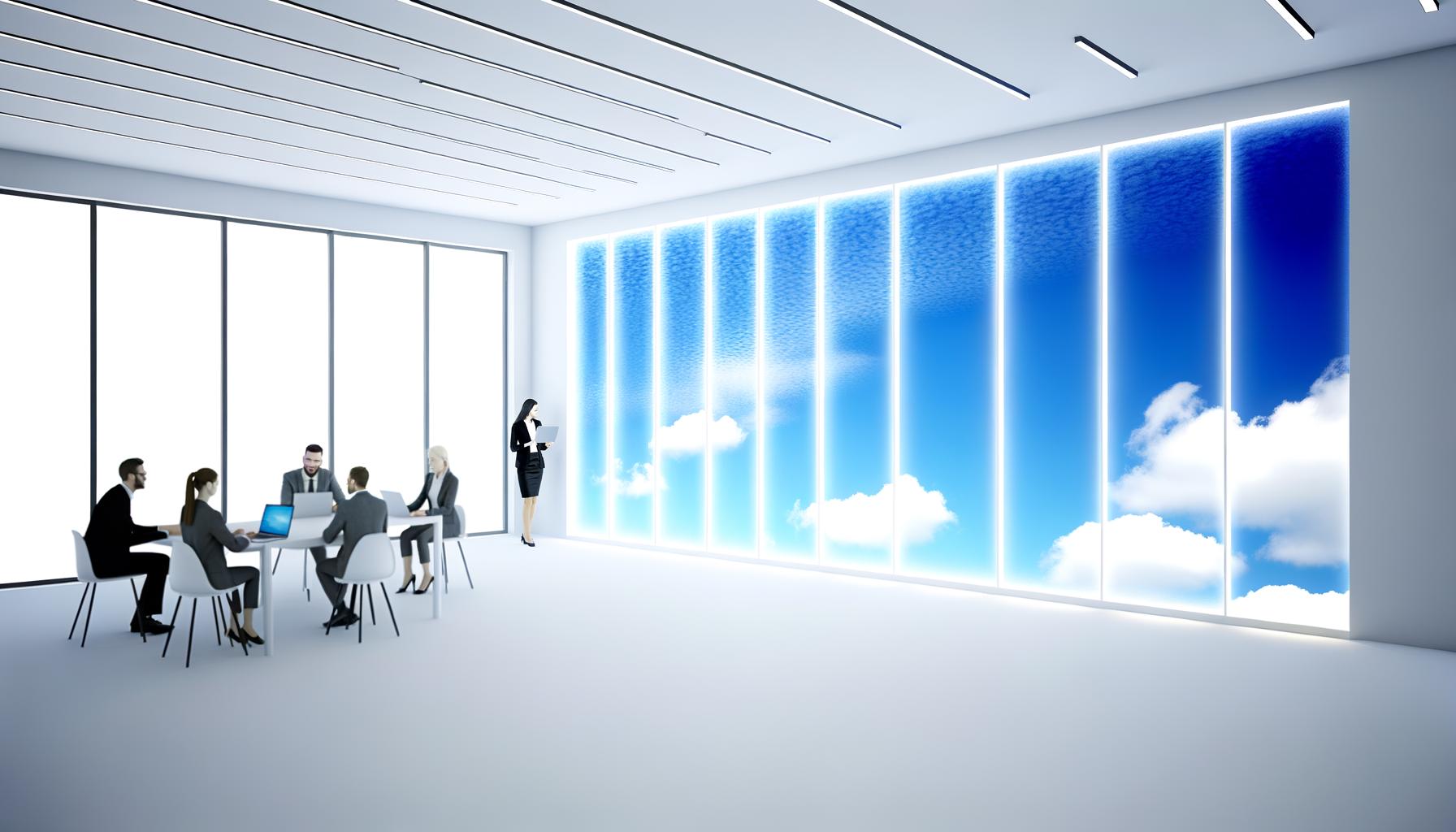Modernes Büro ohne echte Fenster mit LED-Panels, die realistischen Himmel und Wolken zeigen. Mitarbeitende arbeiten an Laptops in einer lichtdurchfluteten, innovativen Umgebung.