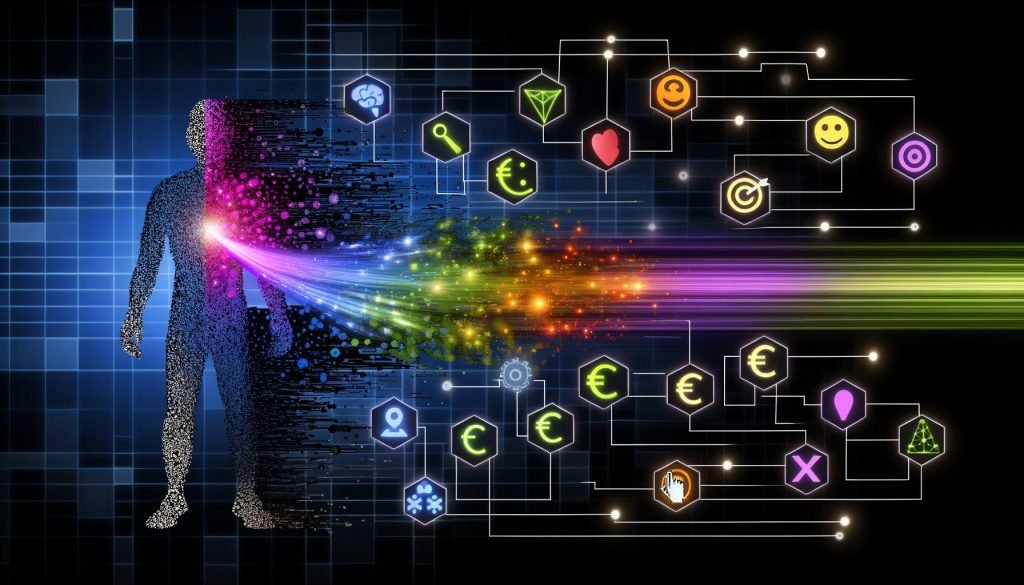 Große, futuristische Datenstrom-Illustration mit menschlicher Silhouette, segmentierten bunten Clustern für Psychografie, Verhalten, Wert und Intent, umgeben von digitalen Interfaces und Daten-Diagrammen.