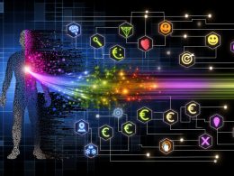 Große, futuristische Datenstrom-Illustration mit menschlicher Silhouette, segmentierten bunten Clustern für Psychografie, Verhalten, Wert und Intent, umgeben von digitalen Interfaces und Daten-Diagrammen.