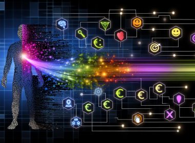 Große, futuristische Datenstrom-Illustration mit menschlicher Silhouette, segmentierten bunten Clustern für Psychografie, Verhalten, Wert und Intent, umgeben von digitalen Interfaces und Daten-Diagrammen.