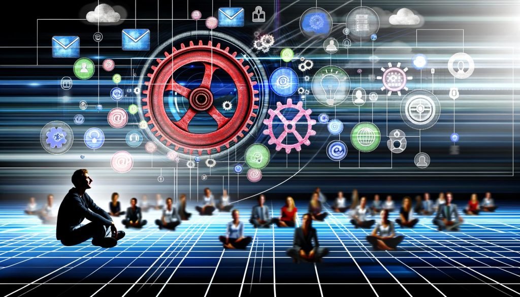 Stilisierter Flaschenzug mit Datenpaketen, Zahnrädern und Nachrichtensymbolen verbindet digitale Tools; entspannte Mitarbeitende und fließende Echtzeit-Datenströme im modernen Workspace.