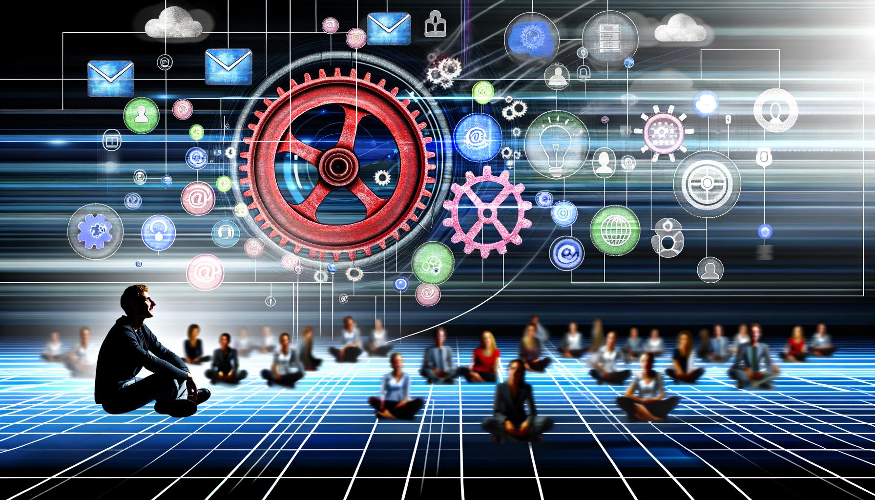 Stilisierter Flaschenzug mit Datenpaketen, Zahnrädern und Nachrichtensymbolen verbindet digitale Tools; entspannte Mitarbeitende und fließende Echtzeit-Datenströme im modernen Workspace.