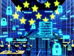 Surreales, digitales Brüsseler Büro bei Nacht mit Politikern, holografischen Buzzwords, EU-Verordnungspapieren, Datenströmen und EU-Sternen.