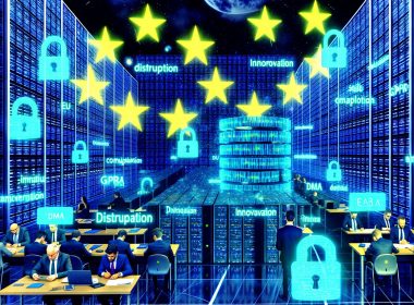 Surreales, digitales Brüsseler Büro bei Nacht mit Politikern, holografischen Buzzwords, EU-Verordnungspapieren, Datenströmen und EU-Sternen.