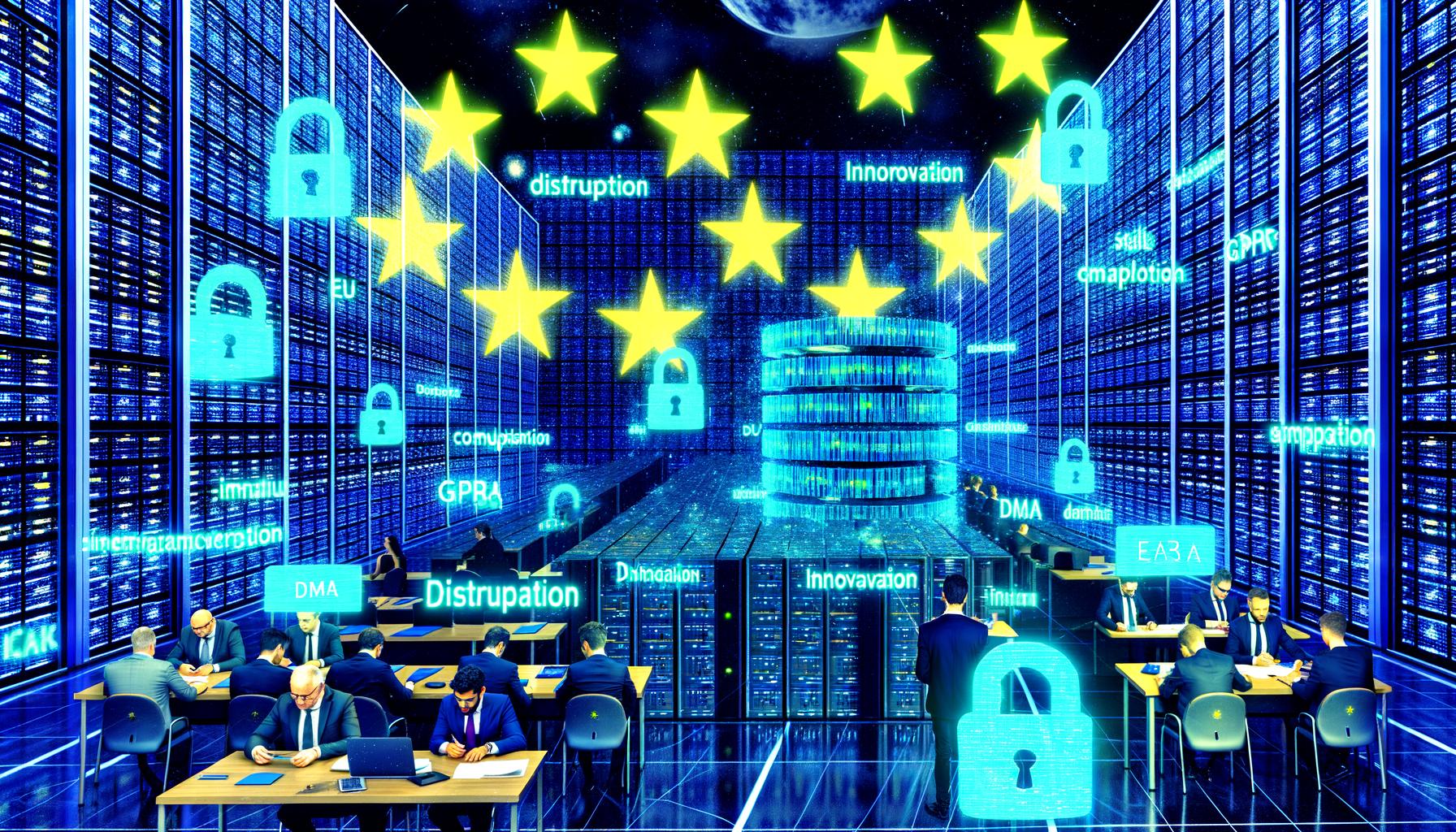 Surreales, digitales Brüsseler Büro bei Nacht mit Politikern, holografischen Buzzwords, EU-Verordnungspapieren, Datenströmen und EU-Sternen.