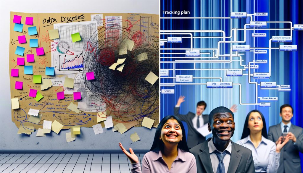 Metaphorische Darstellung: chaotisches Whiteboard mit wildem Durcheinander, gegenüber ein strukturierter Tracking-Plan für Marketing, zufriedene Analysten im Vordergrund, verblassendes Datenchaos im Hintergrund.