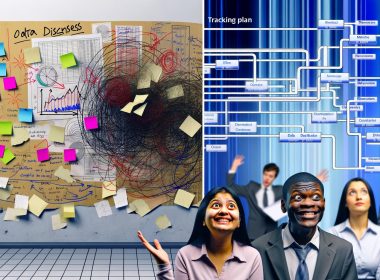 Metaphorische Darstellung: chaotisches Whiteboard mit wildem Durcheinander, gegenüber ein strukturierter Tracking-Plan für Marketing, zufriedene Analysten im Vordergrund, verblassendes Datenchaos im Hintergrund.
