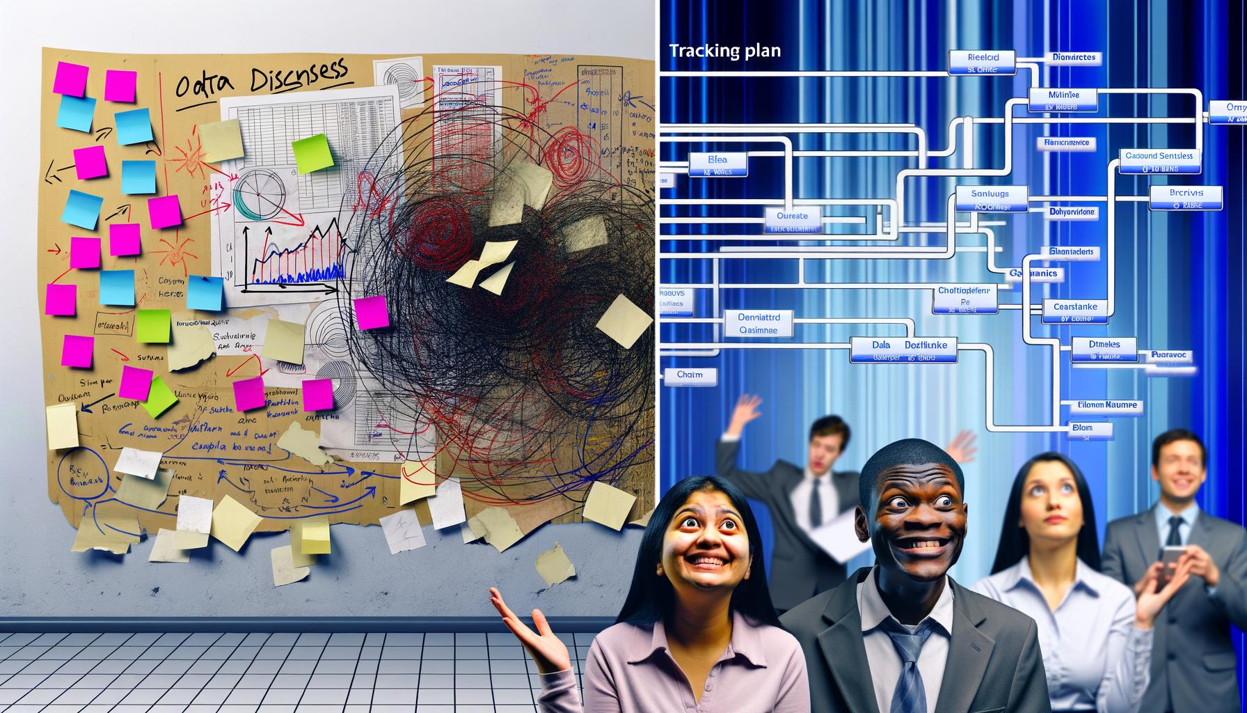 Metaphorische Darstellung: chaotisches Whiteboard mit wildem Durcheinander, gegenüber ein strukturierter Tracking-Plan für Marketing, zufriedene Analysten im Vordergrund, verblassendes Datenchaos im Hintergrund.
