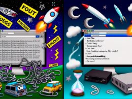 Moderne Illustration: Überladene Retro-Website mit blinkenden FOUT-Schriftzügen, 56k-Modem und Error-Bannern links; rechts eine cleane, schnelle Website mit Raketen-Text und Google-Symbolen.