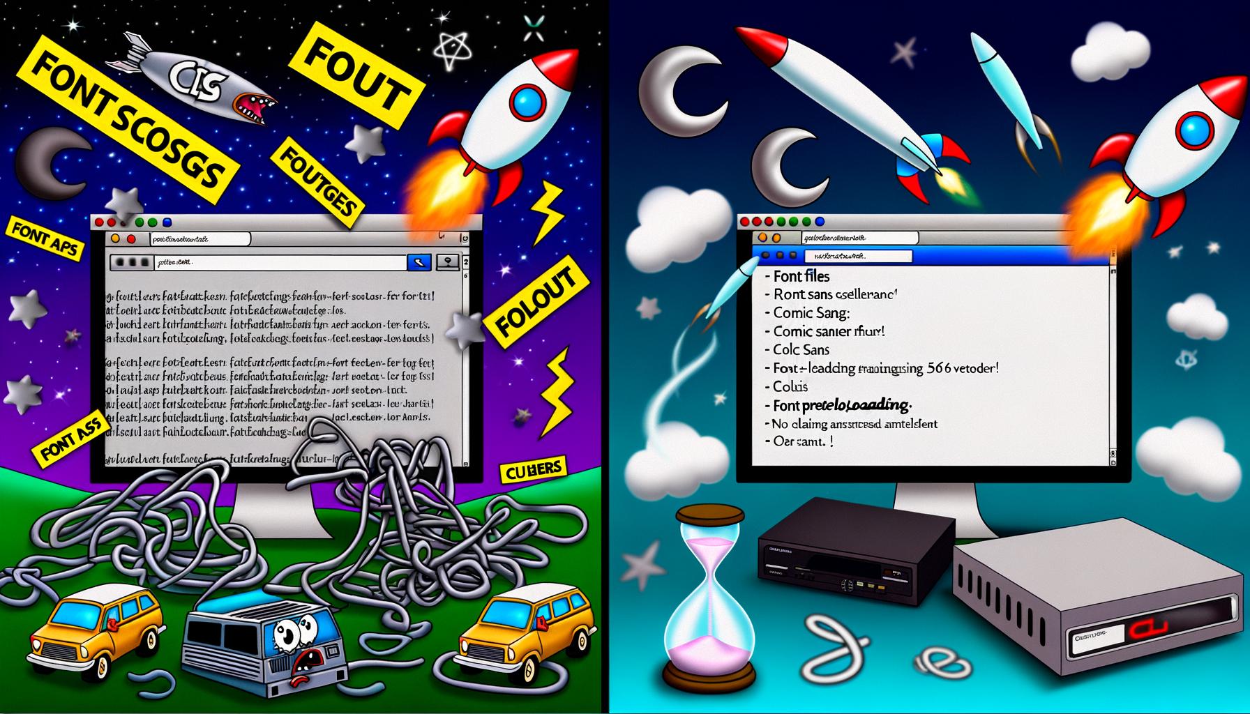 Moderne Illustration: Überladene Retro-Website mit blinkenden FOUT-Schriftzügen, 56k-Modem und Error-Bannern links; rechts eine cleane, schnelle Website mit Raketen-Text und Google-Symbolen.
