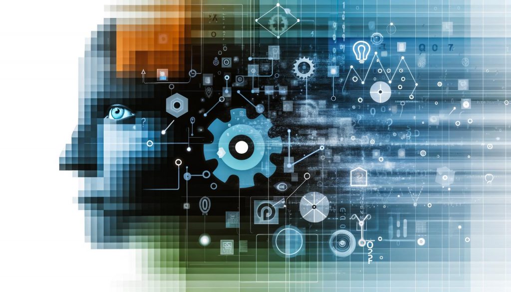 Abstrahiertes menschliches Gesicht, teils von geometrischen und digitalen Elementen überlagert, mit fließenden Datenströmen und Icons vor urbanem, innovativem Hintergrund in Blau, Türkis und Orange.