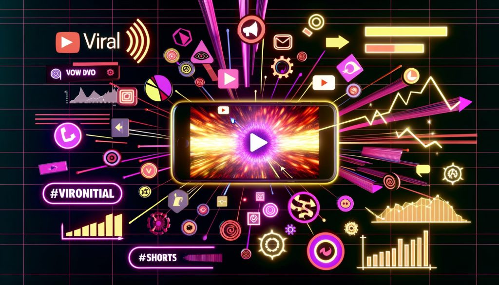 Smartphone mit explodierendem Video auf dem Screen, umgeben von TikTok-, Instagram- und YouTube-Icons, Hashtags, Feuer-, Blitz-Effekten und Analytics-Grafiken in Signalgelb, Magenta und Schwarz.