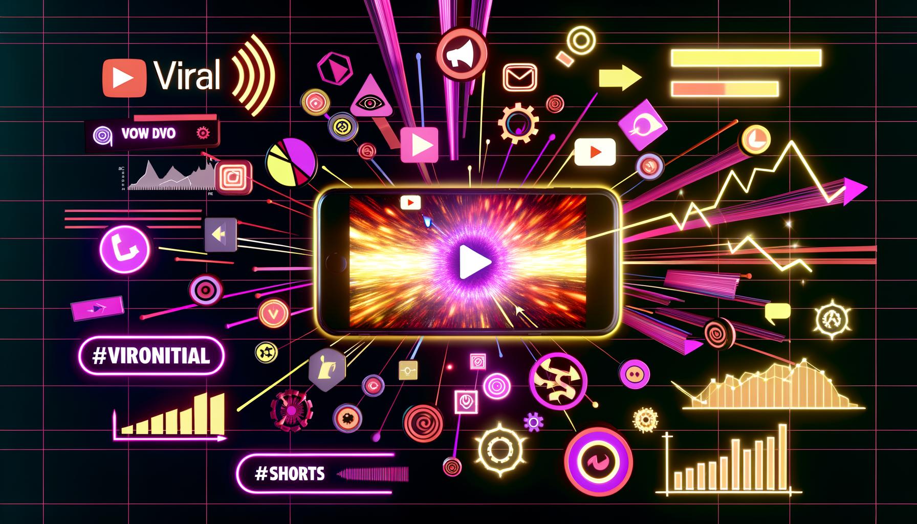 Smartphone mit explodierendem Video auf dem Screen, umgeben von TikTok-, Instagram- und YouTube-Icons, Hashtags, Feuer-, Blitz-Effekten und Analytics-Grafiken in Signalgelb, Magenta und Schwarz.