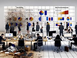 Büroszene mit kontrastierendem Schreibtisch – links chaotisch mit Analysen per Hand, rechts moderner Daten-Workspace mit digitalen Auswertungen und konzentriertem Team.