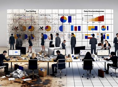 Büroszene mit kontrastierendem Schreibtisch – links chaotisch mit Analysen per Hand, rechts moderner Daten-Workspace mit digitalen Auswertungen und konzentriertem Team.