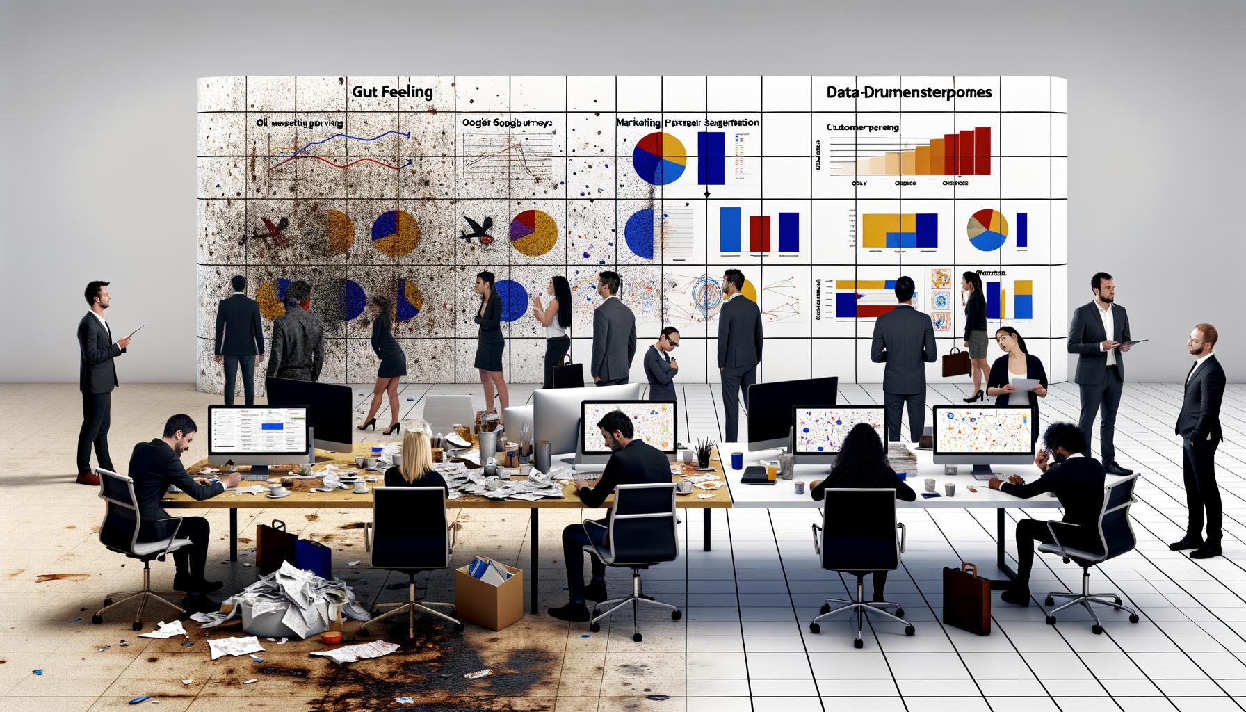 Büroszene mit kontrastierendem Schreibtisch – links chaotisch mit Analysen per Hand, rechts moderner Daten-Workspace mit digitalen Auswertungen und konzentriertem Team.