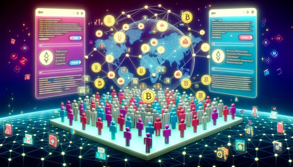 Digitale Avatare interagieren auf einem futuristischen Marktplatz, erhalten Krypto-Token und NFT-Badges über Blockchain- und Web3-Technologien mit sichtbarem Gumroad-Branding.