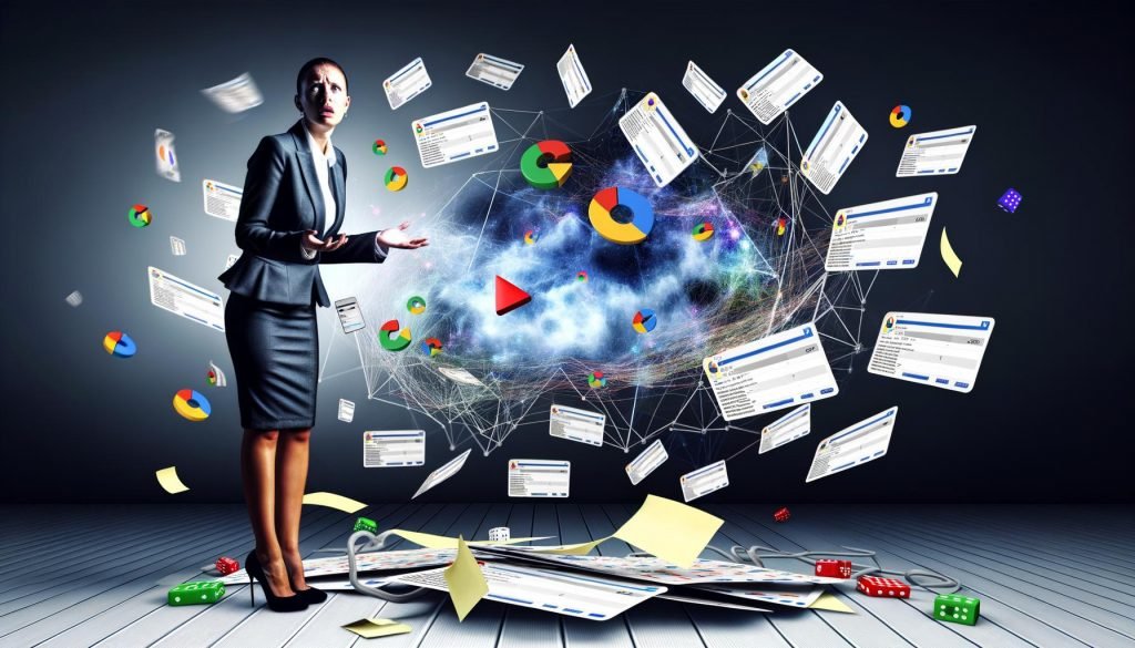 Chaotischer Marketing-Arbeitsplatz mit holografischen Analyse-Dashboards, einem vom Wind bedrohten Kartenhaus und einem verwirrten Businessmenschen zwischen unzähligen Zetteln und Kabeln.