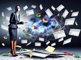 Chaotischer Marketing-Arbeitsplatz mit holografischen Analyse-Dashboards, einem vom Wind bedrohten Kartenhaus und einem verwirrten Businessmenschen zwischen unzähligen Zetteln und Kabeln.