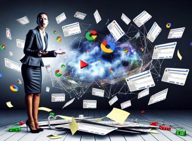 Chaotischer Marketing-Arbeitsplatz mit holografischen Analyse-Dashboards, einem vom Wind bedrohten Kartenhaus und einem verwirrten Businessmenschen zwischen unzähligen Zetteln und Kabeln.