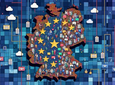 Moderne Illustration von Europa als digitaler Flickenteppich mit Startup-Gründern, EU-Beamtem sowie Symbolen für Gesetze, Cloud, Algorithmen und Bürokratie. Helle und dunkle Bildhälften spiegeln Innovation und Überregulierung wider.