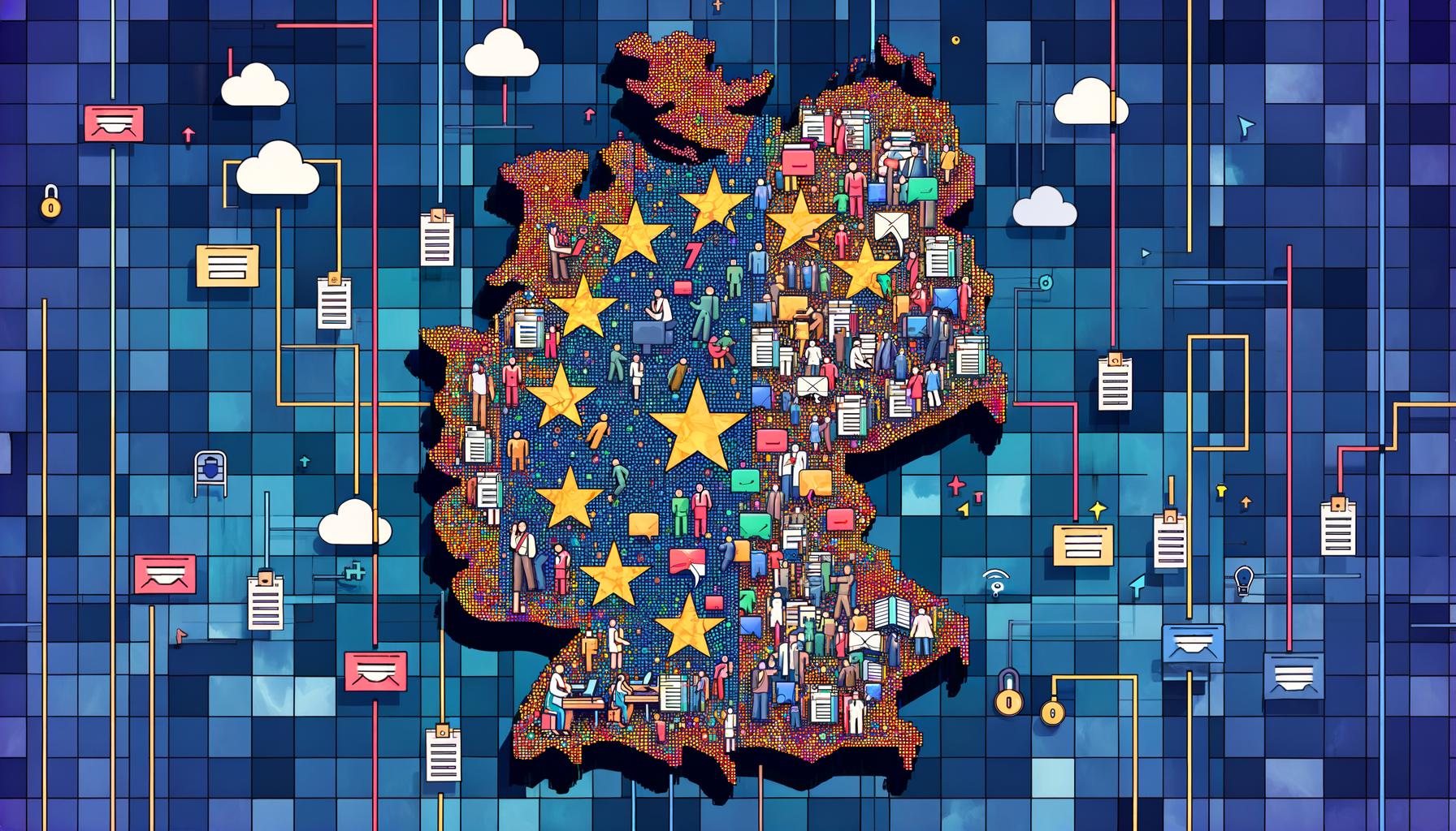 Moderne Illustration von Europa als digitaler Flickenteppich mit Startup-Gründern, EU-Beamtem sowie Symbolen für Gesetze, Cloud, Algorithmen und Bürokratie. Helle und dunkle Bildhälften spiegeln Innovation und Überregulierung wider.
