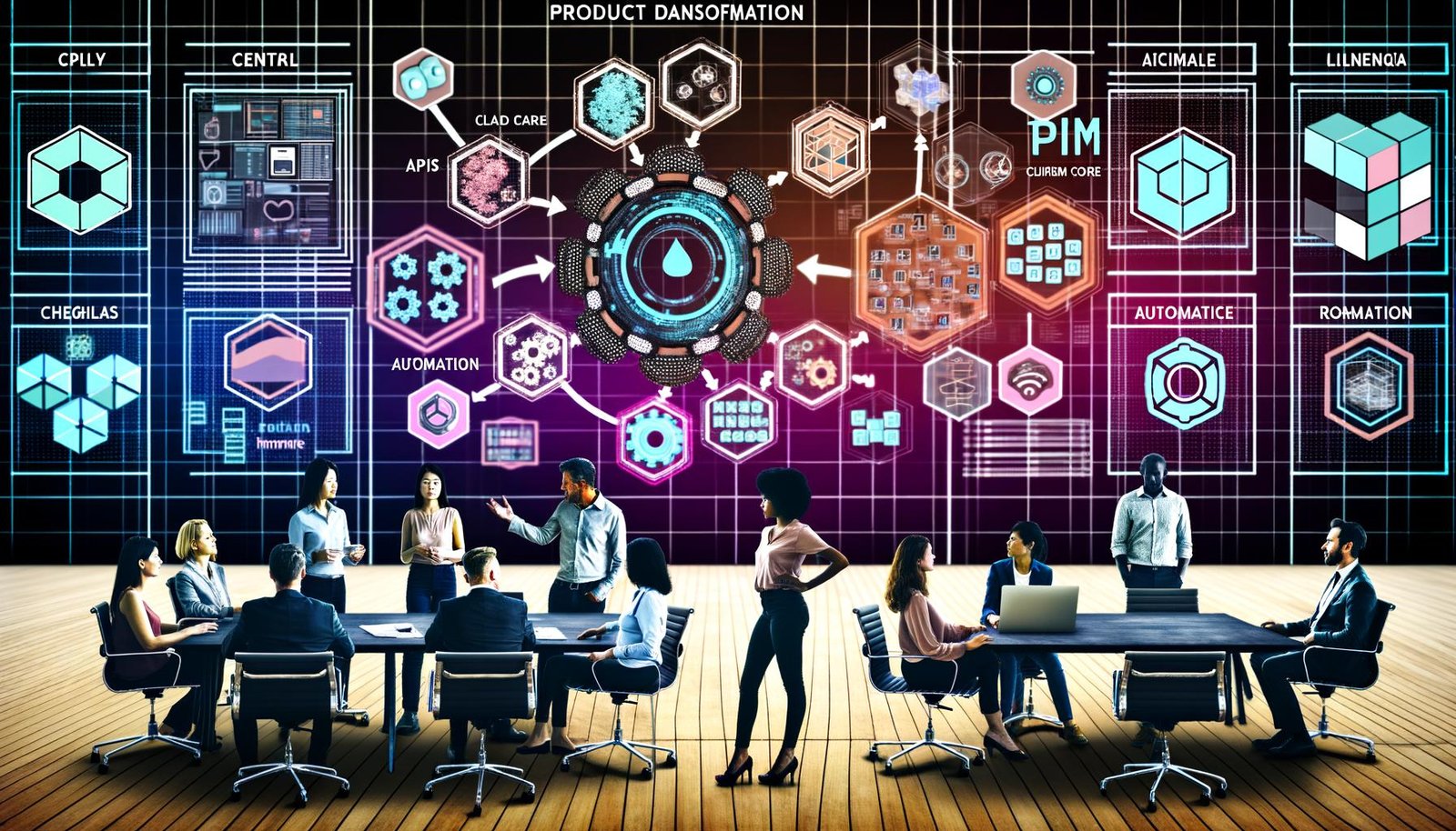 Innovatives E-Commerce-Team umgibt einen digitalen Bildschirm mit modularem PIM-Dashboard, API- und Cloud-Integrationssymbolen sowie Abbildungen, die den Wandel von Excel-Chaos zu geordneten Datenflüssen verdeutlichen.