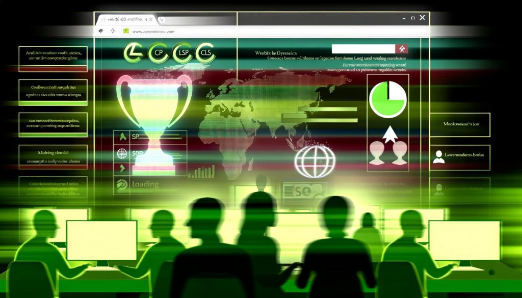 Dynamische Illustration einer Webseite mit aktivem Content, deaktivierten Iframe-Platzhaltern, SEO-Trophäe und Performance-Indikatoren wie Core Web Vitals, während Marketers auf Ladezeiten achten.