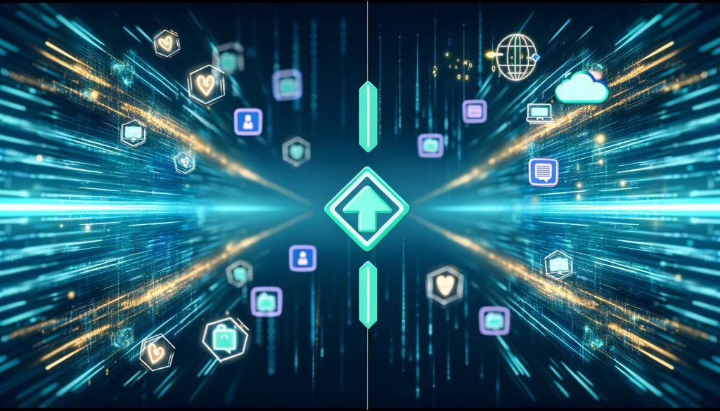 Collage aus Illustrationen zu Webhooks: Datenströme auf digitaler Autobahn, Webhook-Verknüpfung zwischen Sender und Empfänger, Vorteile und Risiken, Schritt-für-Schritt-Anleitung, Best Practices, Security-Monitoring sowie praxisnahe Automationsbeispiele.