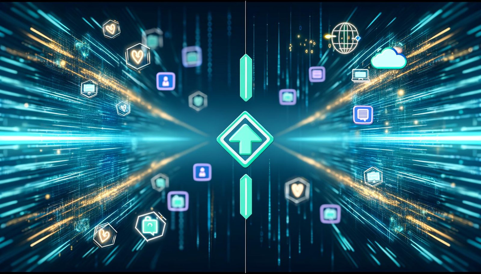 Collage aus Illustrationen zu Webhooks: Datenströme auf digitaler Autobahn, Webhook-Verknüpfung zwischen Sender und Empfänger, Vorteile und Risiken, Schritt-für-Schritt-Anleitung, Best Practices, Security-Monitoring sowie praxisnahe Automationsbeispiele.