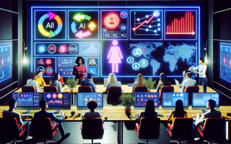 Digitales Marketing-Kommandocenter mit großen Bildschirmen, Daten-Dashboards, KI-Flussdiagrammen und einer Gruppe von Marketern, die Strategien und Konversionsdaten besprechen.