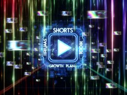 Futuristisches, digitales Titelbild mit Schriftzug ‚Shorts Viral Growth Plan‘, einer Datenflut aus Kurzvideos und Social-Media-Icons auf dunklem Hintergrund, grell-bunten Farben und Play-Button.