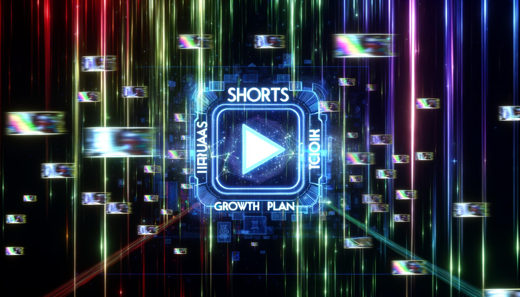 Futuristisches, digitales Titelbild mit Schriftzug ‚Shorts Viral Growth Plan‘, einer Datenflut aus Kurzvideos und Social-Media-Icons auf dunklem Hintergrund, grell-bunten Farben und Play-Button.