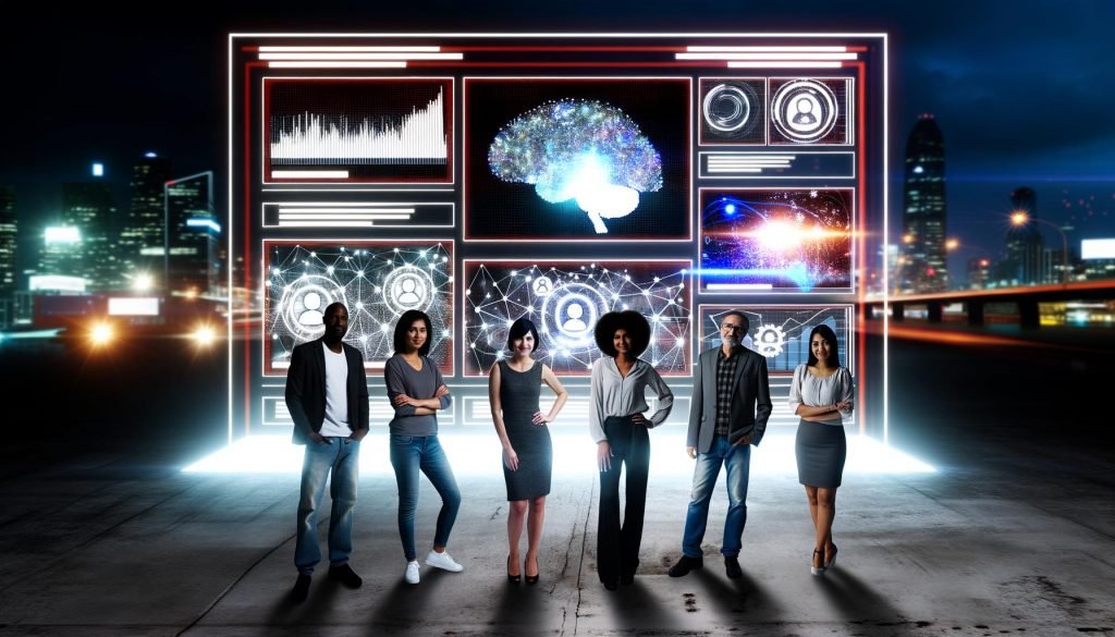 Futuristische Illustration eines Marketingteams vor einem digitalen YouTube-Interface mit KI-Elementen, Datenanalysen und angesagten Videos.