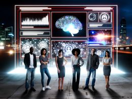 Futuristische Illustration eines Marketingteams vor einem digitalen YouTube-Interface mit KI-Elementen, Datenanalysen und angesagten Videos.