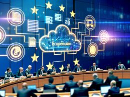 EU-Politikerinnen und Politiker diskutieren im europäischen Sitzungssaal in Brüssel über Digitalisierung, während digitale Symbole für Cloud, KI und Datenströme sowie eine große EU-Flagge den digitalen Wandel darstellen.
