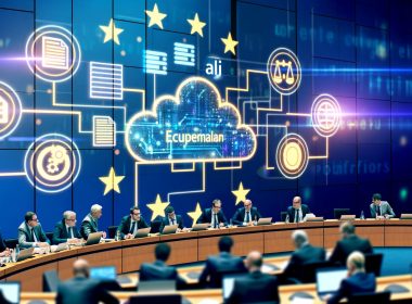 EU-Politikerinnen und Politiker diskutieren im europäischen Sitzungssaal in Brüssel über Digitalisierung, während digitale Symbole für Cloud, KI und Datenströme sowie eine große EU-Flagge den digitalen Wandel darstellen.