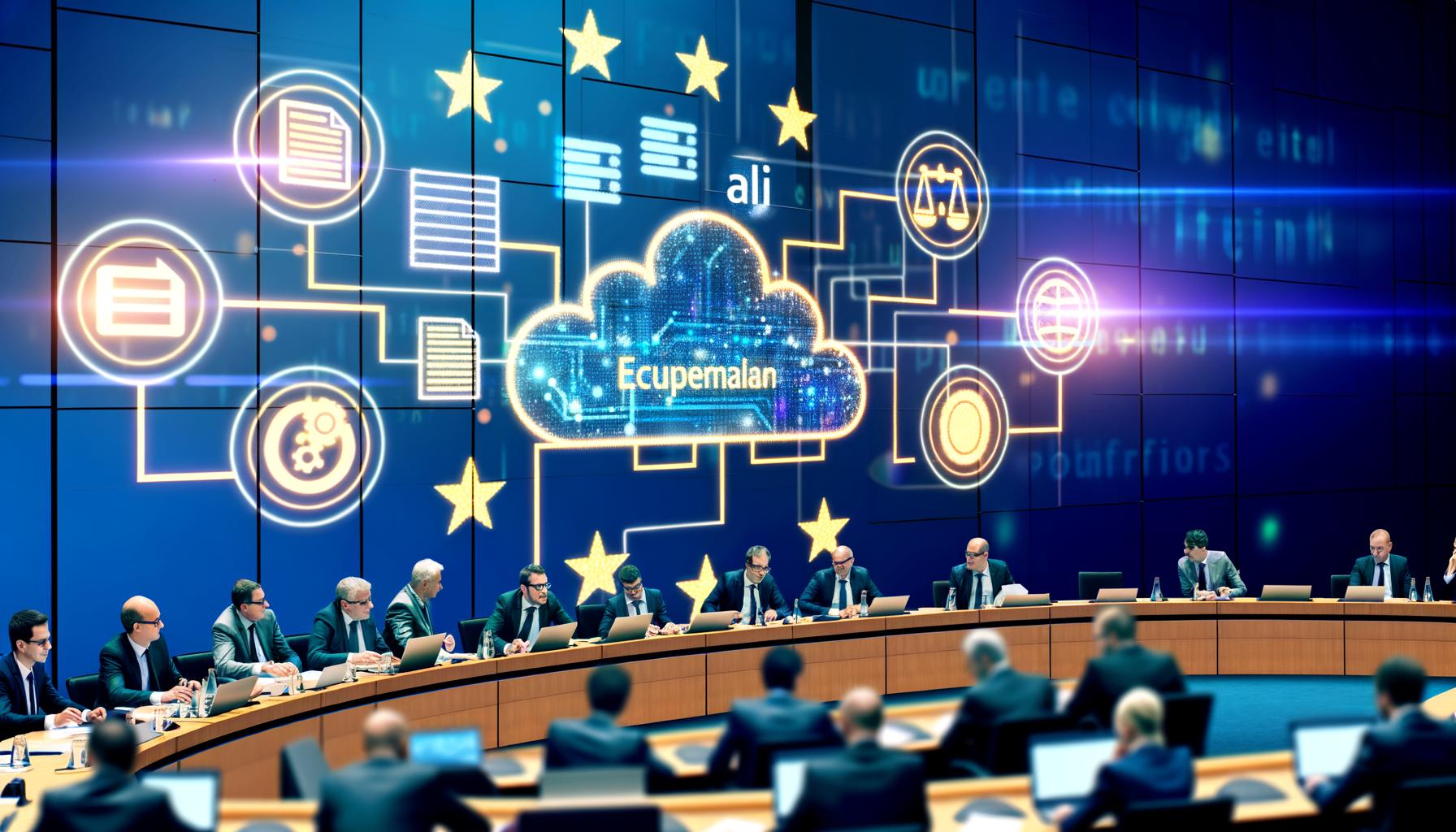 EU-Politikerinnen und Politiker diskutieren im europäischen Sitzungssaal in Brüssel über Digitalisierung, während digitale Symbole für Cloud, KI und Datenströme sowie eine große EU-Flagge den digitalen Wandel darstellen.
