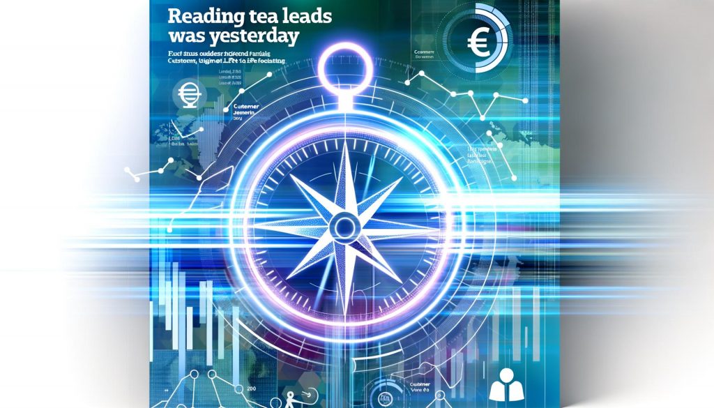 Futuristischer Neon-Kompass vor digitalen Datenströmen und Diagrammen, umgeben von Marketing-Icons und kühlen Farbakzenten. Thema: datengetriebene Prognose im Online-Marketing.