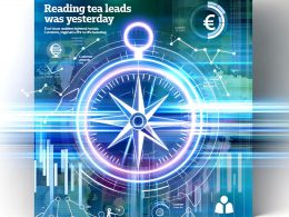 Futuristischer Neon-Kompass vor digitalen Datenströmen und Diagrammen, umgeben von Marketing-Icons und kühlen Farbakzenten. Thema: datengetriebene Prognose im Online-Marketing.